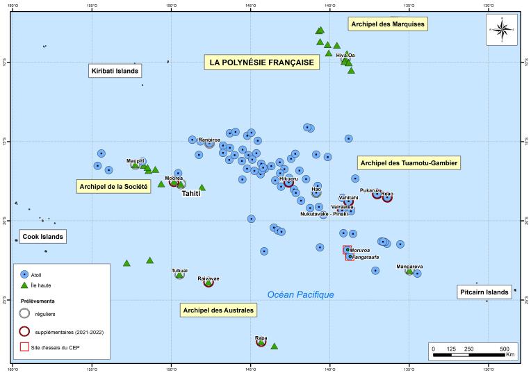 Localisation des seize îles de Polynésie française retenues dans le programme de surveillance radiologique environnementale 2021-2022