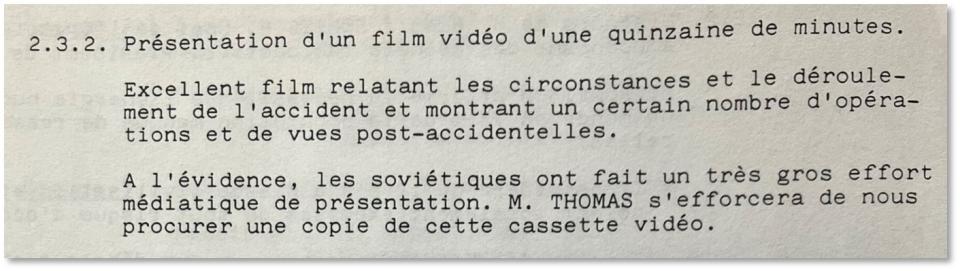 Extrait de EDF/DPT/SPT Compte-rendu de la réunion experts de l’AIEA sur accident de Tchernobyl, 01 septembre 1986. Archives EDF/ Blois 01947.