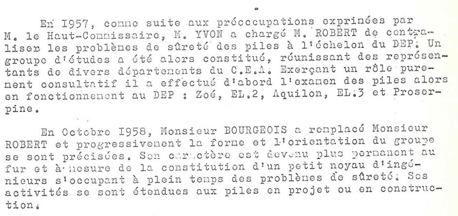 Figure 2 : Retour sur l'historique de la CSIA, extrait de CEA, compte-rendu de la réunion du 11 février 1960 de la commission de sûreté des installations atomiques. Archive IRSN/FAR 327047