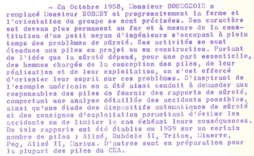 Figure 3 : Retour de l’historique du CSIA, extrait de CEA, note de service HC N°38, commission de sûreté des installations. Documents à fournir concernant la sûreté des piles, 14 mars 1960. Archive IRSN/FAR 314592