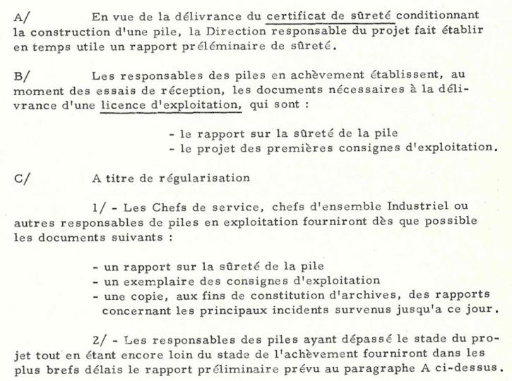 Figure 8 : Processus autour du rapport de sûreté, extrait de CEA, note de service HC N°38, Commission de sûreté des installations. Documents à fournir concernant la sûreté des piles, 14 mars 1960. Archive IRSN/FAR 314592